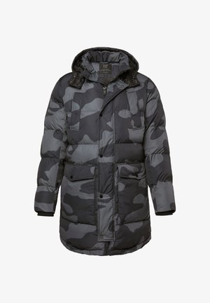 Parka da uomo in piumino, lunghezza al ginocchio, con motivo camouflage nero e grigio, cappuccio, zip frontale, bottoni a pressione e diverse tasche con pattina.