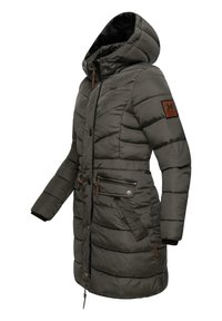 Padded winter coat in dark gray, featuring a hood, zippered pockets, and textured fabric with a logo patch on the sleeve.