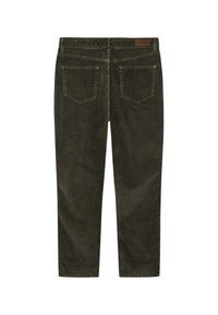 Pantaloni in corduroy verde oliva con vestibilità dritta. Presentano due tasche posteriori, una trama sottile e una toppa in pelle con logo in vita.