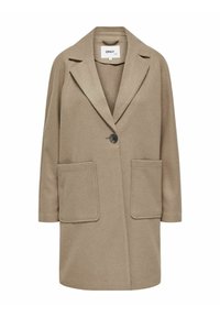 Abrigo de mezcla de lana en color beige con solapa, cierre de un solo botón y dos bolsillos frontales. Presenta un corte holgado y una textura suave.