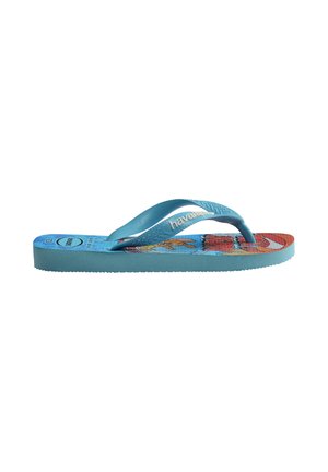 Infradito per bambini azzurro chiaro con design cartoon e cinturini testurizzati con il nome del marchio "Havaianas" sul lato.