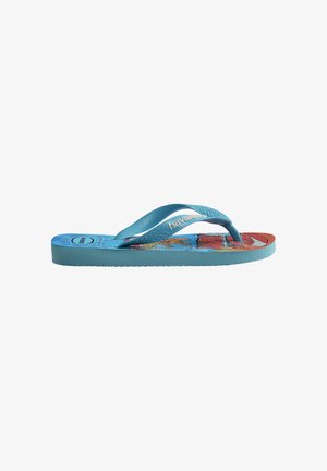 Infradito per bambini azzurro chiaro con design cartoon e cinturini testurizzati con il nome del marchio "Havaianas" sul lato.