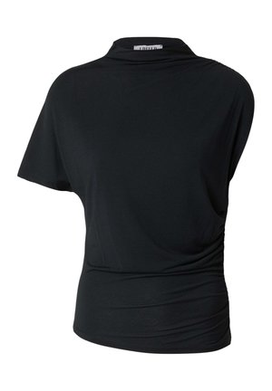 Schwarzes Kurzarmtop mit hohem Kragen und gerafftem Detail auf einer Seite, von hinten zu sehen.