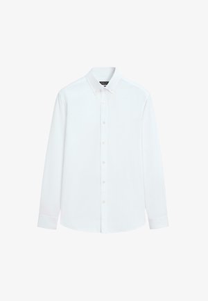 White long-sleeve button-up shirt made of cotton, featuring a classic collar, front buttons, and single-button cuffs, with a smooth texture.