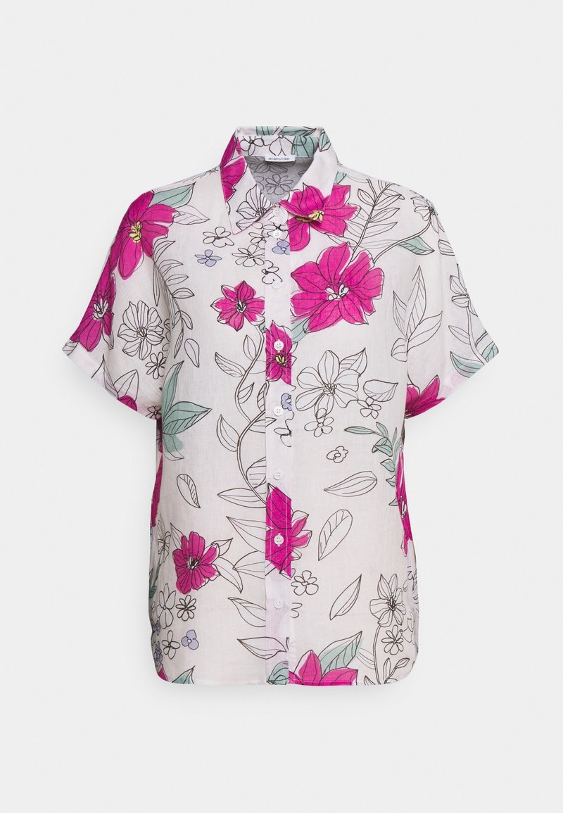 Short-sleeve button-up shirt in lightweight fabric featuring a white background with pink floral patterns and green leaf accents.