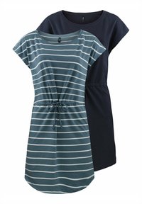 Twee jurkjes met korte mouwen: één donkerblauw effen en één teal met witte horizontale strepen, voorzien van een verstelbare trekkoord taille.
