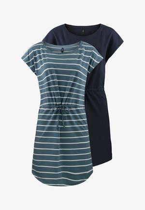 Twee jurkjes met korte mouwen: één donkerblauw effen en één teal met witte horizontale strepen, voorzien van een verstelbare trekkoord taille.