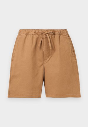 Shorts décontractés marron avec taille élastique et cordon de serrage à l'avant, dotés de poches latérales et de détails cousus.