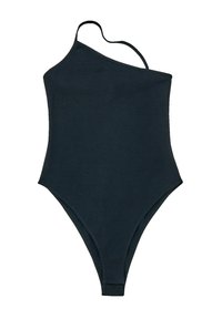 Zwarte badpak met ribbelstructuur, met een enkele schouderband en een hoge beenlijn.