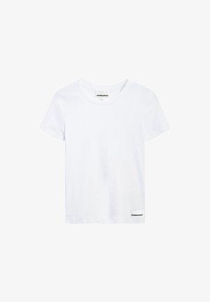 Weißes Baumwoll-T-Shirt mit kurzen Ärmeln, Rundhalsausschnitt und einem kleinen schwarzen Logotag an der unteren linken Seite. Glatte Textur, reguläre Passform.