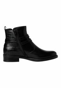 Botas negras de tobillo hechas de cuero suave con un patrón de cocodrilo texturizado en la parte trasera, que cuentan con cremalleras laterales y tiras dobles para decoración.