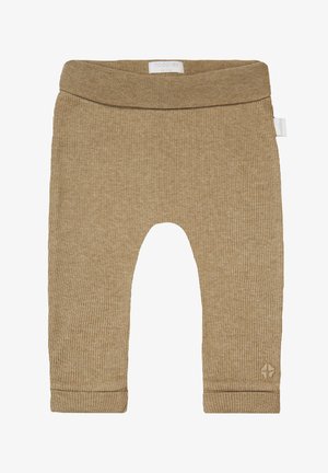 Beige geribbelde peuterleggings met een elastische tailleband en afgeronde hems; heeft een klein logo-accent op het onderbeen.