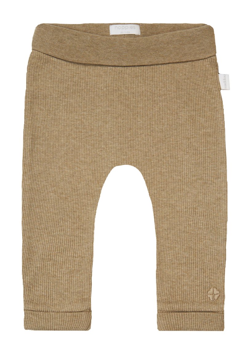 Beiga ribbade leggings för småbarn med elastisk midja och uppvikta fållar; har en liten logotypaccent på nedre benet.