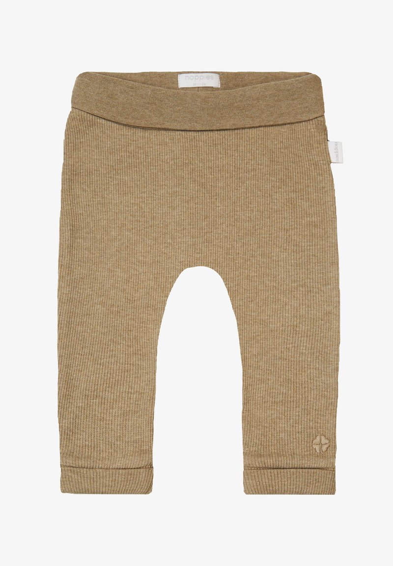 Leggings pour tout-petit en beige côtelé avec une ceinture élastique et des ourlets retroussés ; avec un petit logo sur la jambe inférieure.