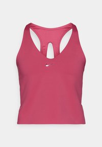 Ružový športový podprsenka Nike s priehľadným chrbtom, s hlbokým V výstrihom a detailom vo výreze. Malé strieborné logo na prednej strane. Mäkkučký, elastický materiál.