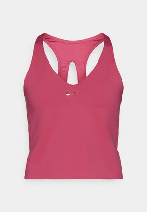 Ružový športový podprsenka Nike s priehľadným chrbtom, s hlbokým V výstrihom a detailom vo výreze. Malé strieborné logo na prednej strane. Mäkkučký, elastický materiál.