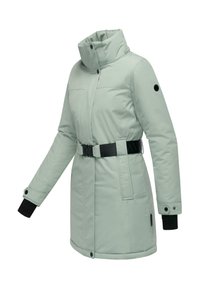Veste isolée vert clair avec col haut, taille ceinturée et détails noirs. Manches longues et fermetures à boutons-pression.