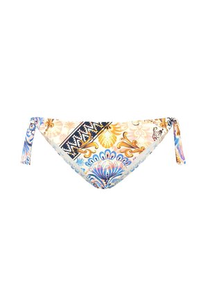 Costume da bagno a slip con un motivo floreale e geometrico nei colori blu, oro e bianco. Presenta lacci su entrambi i lati per una vestibilità regolabile.