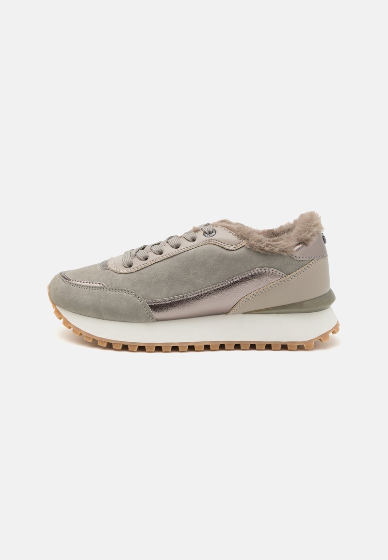 Light grey suede sneakers with a faux fur collar, metallic accents, and a textured rubber outsole, featuring a lace-up front and rounded toe.