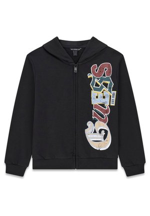 Black zip-up hoodie with hood and ribbed cuffs, featuring multicolored vertical "GUESS EST. 1981" print on the right side.