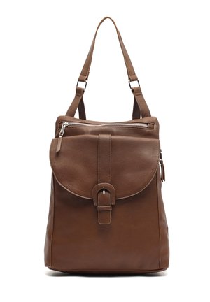 Brown leather shoulder bag with front buckle flap, top zipper pocket, and adjustable straps against white background.