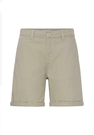 Beige kniehohe Baumwollshorts mit Knopf und Gürtelschlaufen, versehen mit aufgekrempelten Säumen und einem vorderen Reißverschluss.
