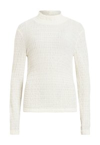 Valkoinen pitkähihaisen pooloneule, jossa on teksturoitu kangas ja aaltoileva kuviointi sekä istuva muotoilu. Hienovaraiset ribbireunat hihoissa.