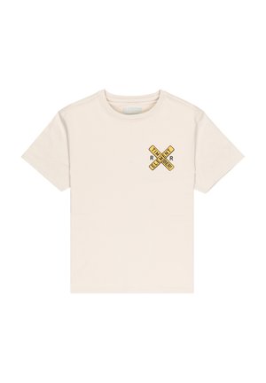 Beige short-sleeve t-shirt with a small yellow and black railroad crossing sign graphic and the words "REMEMBER! TIME ELEMENT" on the chest.