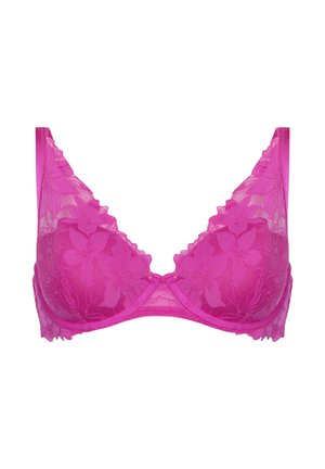 Lace bralette in levendig roze met bloemmotieven, doorzichtige stof, driehoekige cups en delicate gekartelde randen. Verstelbare bandjes inbegrepen.