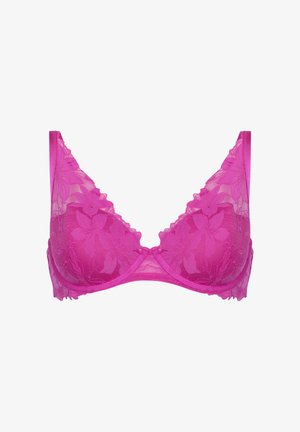 Bralette in pizzo rosa vivace con motivi floreali, tessuto trasparente, coppe triangolari e bordi delicatamente smerlati. Spalline regolabili incluse.
