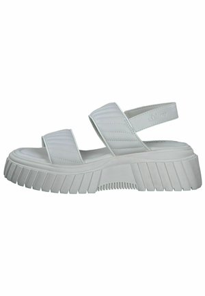 White platform sandals with two quilted straps and an adjustable back strap. Thick, ribbed sole for added grip and cushioning.