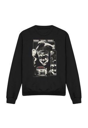 Black sweatshirt with graphic of a sinister clown face, Capitol theater marquee, and text "TROUBLE TROUBLE TROUBLE" across the top.