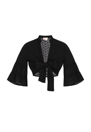 Must tüüpi must lühike jakk, millel on laienevad varrukad, seotud esikinnitus ja tekstureeritud kangas peene mustriga. Vooder on kaunistatud mustrilise sisepinnaga.