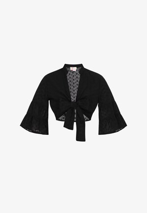 Fekete rövidített dzseki flair ujjakkal, megkötős elülső záródással és téglalap mintás textúrával. Mintás bélés borítja.