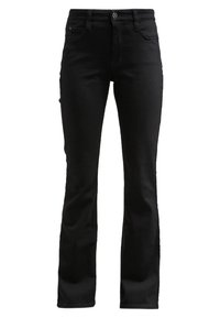 Zwarte rechtgesneden spijkerbroek met steekzakken aan de voorkant, lussen voor een riem en knoopsluiting, afgebeeld tegen een witte achtergrond.