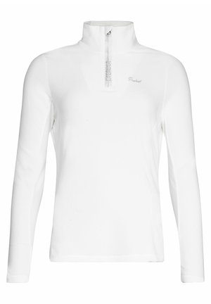 Weißes Langarmoberteil mit hohem Kragen und halbem Reißverschluss. Hergestellt aus glattem, leichtem Stoff. Mit dezentem Logo auf der Brust.