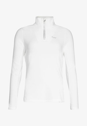 Weißes Langarmoberteil mit hohem Kragen und halbem Reißverschluss. Hergestellt aus glattem, leichtem Stoff. Mit dezentem Logo auf der Brust.