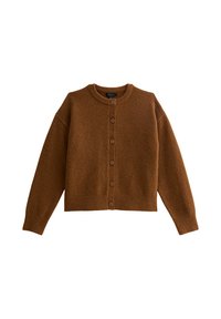 Brun knappradad ullcardigan med långa ärmar och rund halsringning, lagd platt på en vit bakgrund.