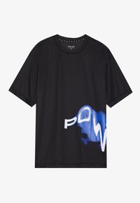 Schwarzes Kurzarm-T-Shirt aus weichem Stoff mit einer blauen Grafik und dem Text "POWER" sowie einem abstrakten Design auf der unteren Vorderseite.
