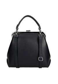Borsa a tracolla nera in pelle con una forma strutturata, dotata di un manico corto e di una tracolla lunga removibile. Fibbia in argento arricchisce il design.