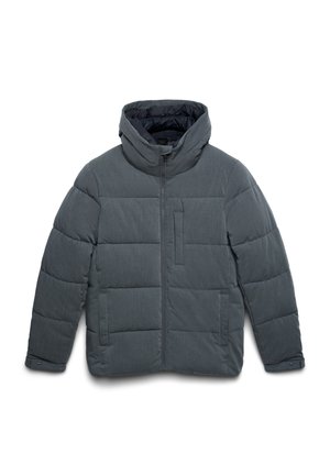 Graue Pufferjacke mit Kapuze, ausgestattet mit einem Reißverschluss auf der Vorderseite, gesteppter Textur, elastischen Bündchen und einer Brusttasche.