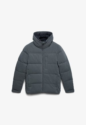 Graue Pufferjacke mit Kapuze, ausgestattet mit einem Reißverschluss auf der Vorderseite, gesteppter Textur, elastischen Bündchen und einer Brusttasche.