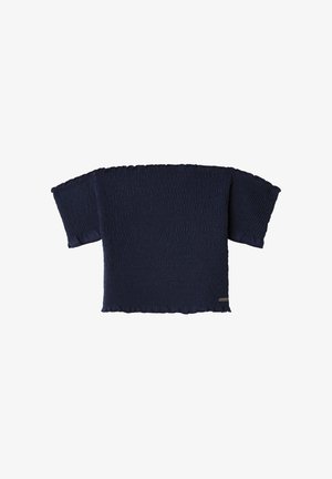 Top corto azul marino con textura fruncida, mangas anchas y dobladillo con borde ondulado. Presenta una marca sutil en el lado inferior.