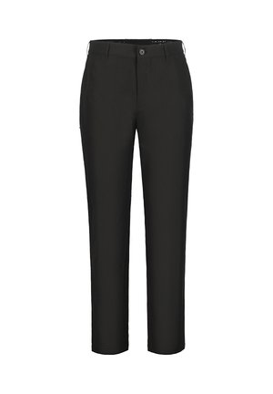 Schwarze Hose aus glattem Stoff, mit einem Knopfverschluss vorne, schrägen Taschen und einem geraden Beinanschnitt.