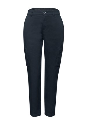 Pantalon cargo bleu marine à jambe droite avec fermeture par boutons, passants de ceinture et poches latérales à rabat sur les deux jambes.