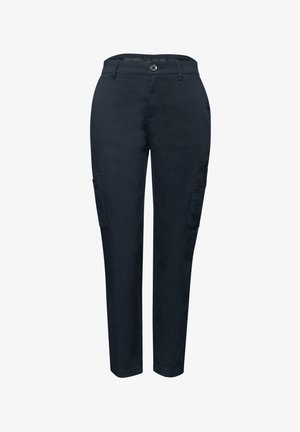 Pantalon cargo bleu marine à jambe droite avec fermeture par boutons, passants de ceinture et poches latérales à rabat sur les deux jambes.