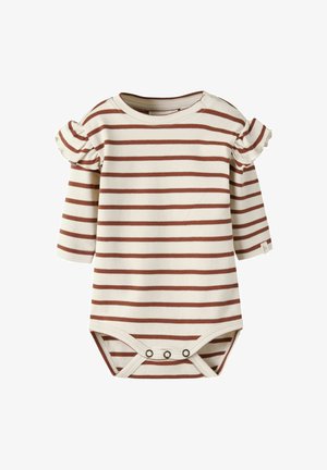 Baby heldragt med lange ærmer med brune vandrette striber, flæsedetalje på skulderen og trykknapper nederst for nem bleudskiftning.