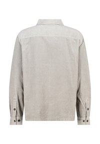 Gray corduroy shirt, featuring a collared neck, long sleeves with button cuffs, and a subtle vertical stripe pattern. Back view shown.