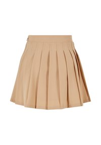 Mini-jupe plissée beige avec une large ceinture et des détails surpiqués, s'évasant vers l'ourlet.