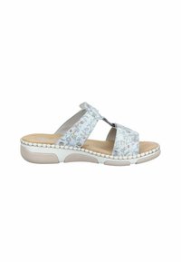 Sandale blanche à bout ouvert avec motif floral, semelle intérieure beige rembourrée et semelle extérieure blanche épaisse avec adhérence texturée pour le confort et le maintien.